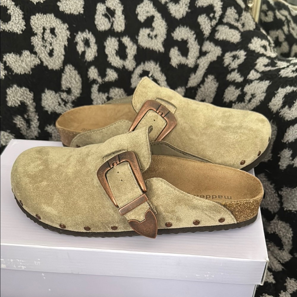 Beige Suede Slip-On Clogs with Buckle